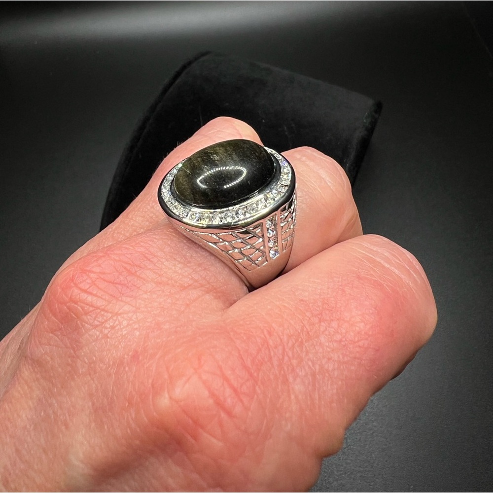 Obsidian and White Austrian Crystal Ring in Stainless Steel, Size 8